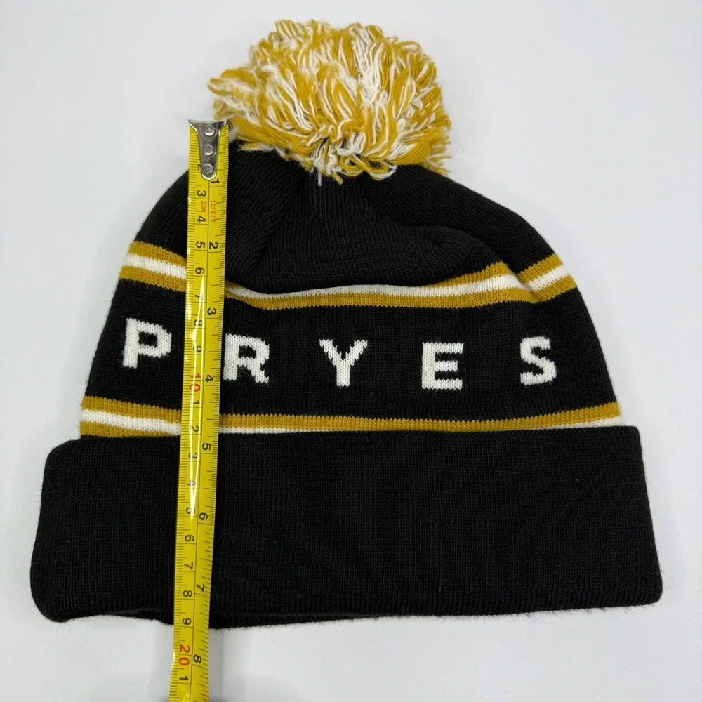 Pryes Brewing Beanie Mens OSFM Black Gold Striped Pom Pom Knit Hat Craft Beer